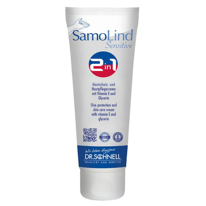 Un tubo bianco Dr. Schnell di SamoLind Sensitive 2in1 crema protettiva e per la cura della pelle della DR.SCHNELL GmbH & Co. KGaA, etichettato come crema protettiva per la pelle con vitamina E e glicerina, è raffigurato in posizione verticale con dettagli del prodotto visibili.