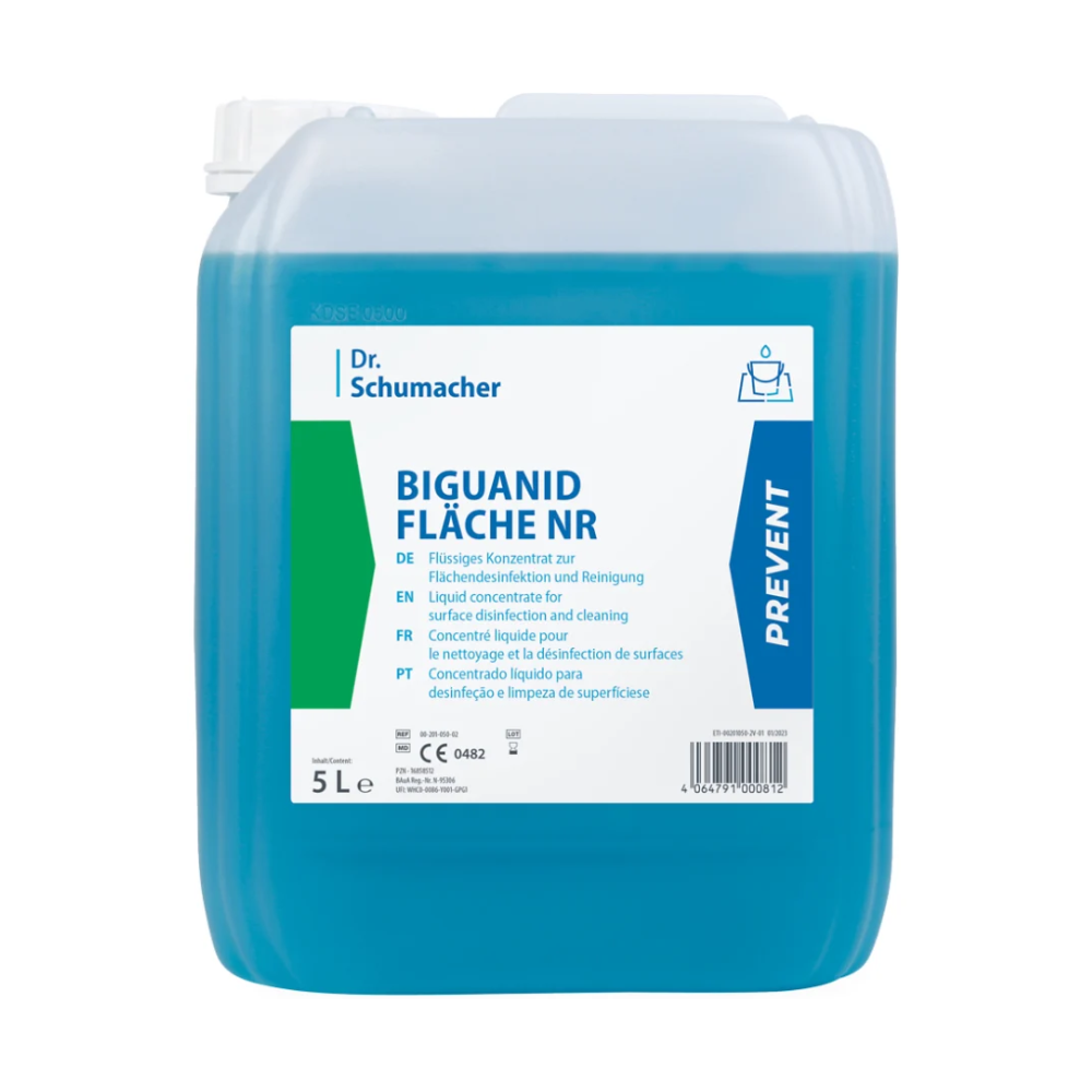 Un concentrato liquido di disinfezione delle superfici Biguanid Flächen NR Dr. Schumacher da 5L della Dr. Schumacher GmbH con una formula blu traslucida per una disinfezione e pulizia efficaci, con dettagli del prodotto in più lingue sull'etichetta.