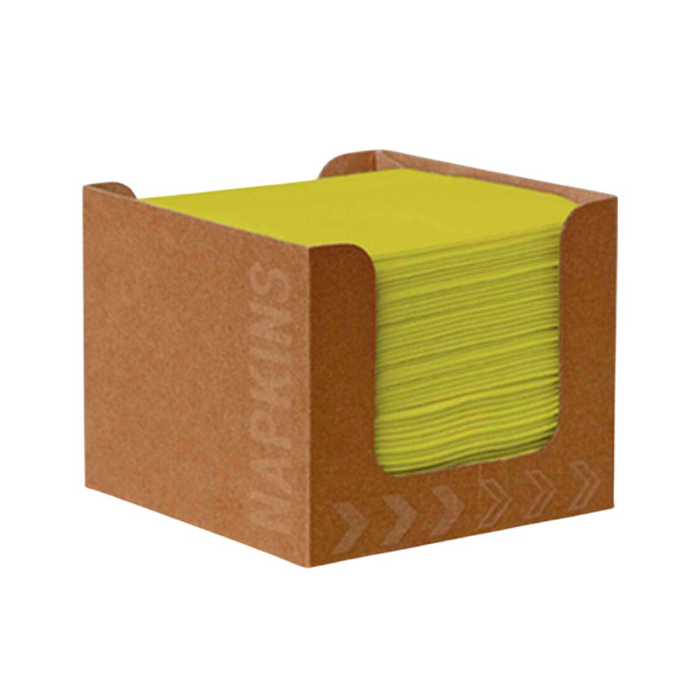 In un distributore di cartone marrone c'è una pila di tovaglioli Duni Bio-Dunisoft verde Kiwi 20 x 20 cm della Duni GmbH, con la scritta "TOVAGLIOLI" e frecce sui lati. Attraverso i lati aperti, i tovaglioli biodegradabili sono visibili e ordinati.