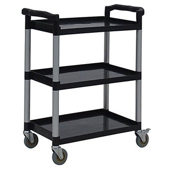 Il carrello multiuso Novocal dispone di tre ripiani in plastica nera, un design aperto su tutti i lati e quattro ruote girevoli. Maniglie su entrambe le estremità garantiscono una facile manovrabilità. Marca: Novocal. Confezione: 1 pezzo.