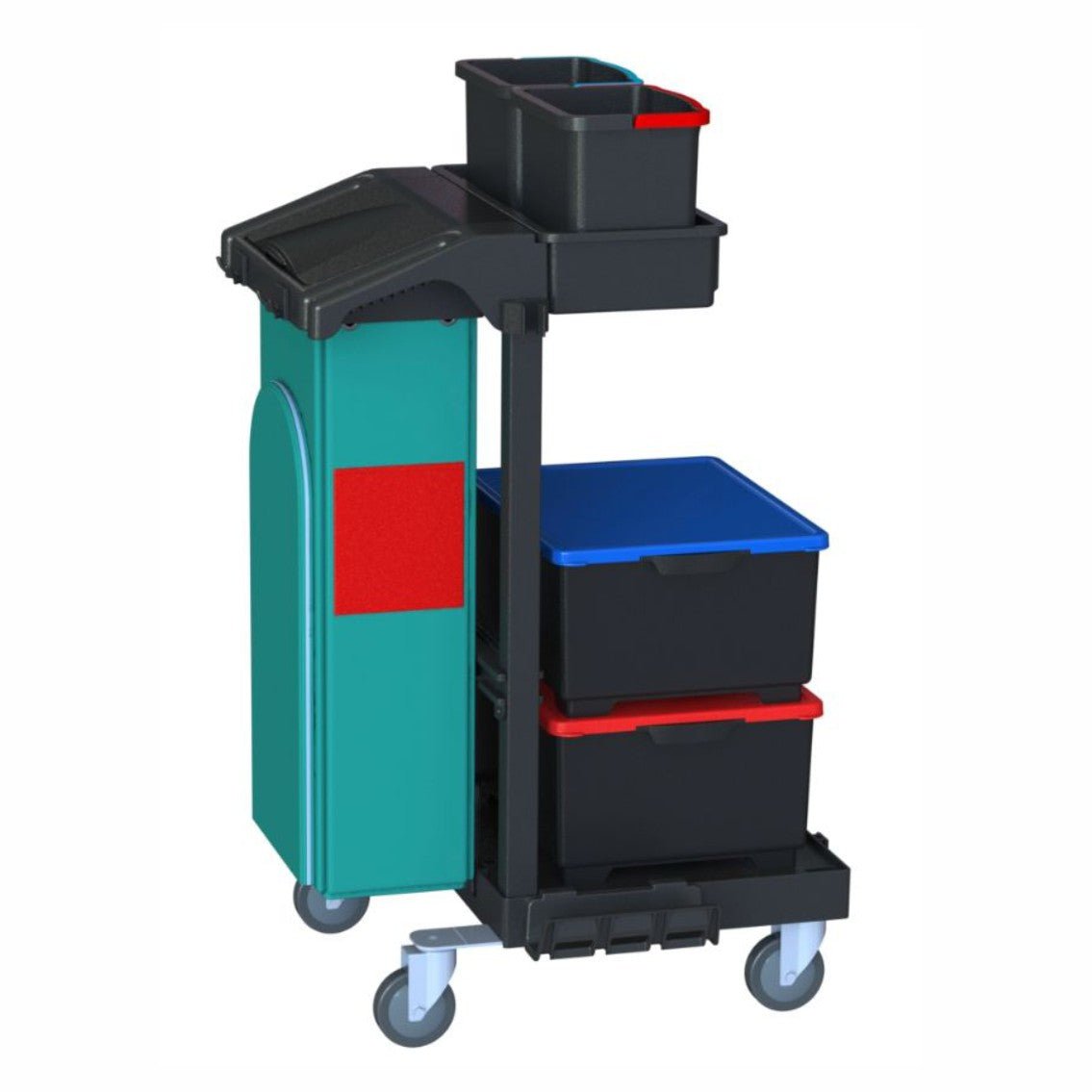 Il carrello per custodi Arcora Ecoblack 120 di Arcora International GmbH è dotato di quattro ruote, un contenitore laterale verde, un ripiano nero e due contenitori neri con coperchio rosso e blu per una pulizia organizzata. Dimensioni: 730 x 600 x 1140 mm.