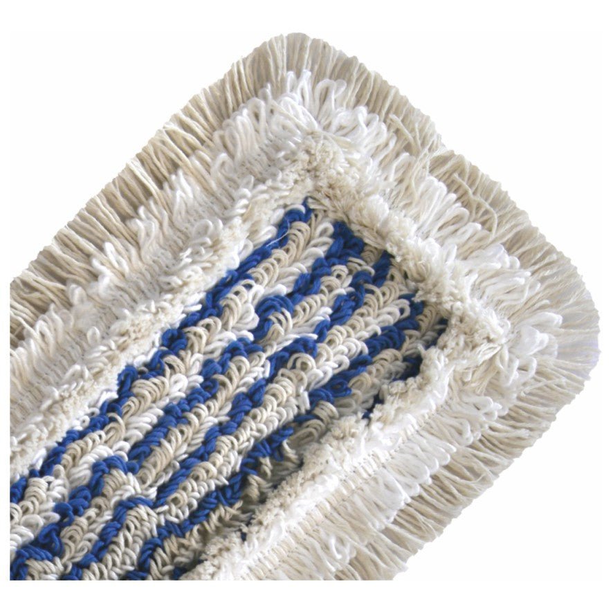 Primo piano del MOPP IGIENE OSPEDALIERA Arcora della Arcora International GmbH con frange color crema e nucleo in tessuto blu-bianco - ideale per la pulizia igienica negli ospedali.
