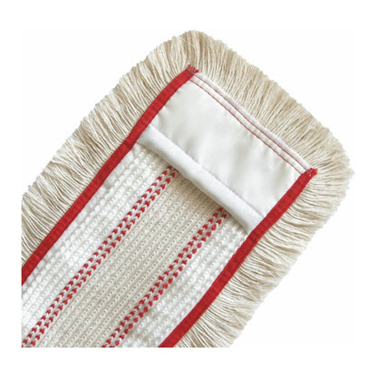 Un primo piano del rettangolare Arcora QUATTRO MOPP di Arcora International GmbH con frange beige e bordo rosso per una pulizia efficiente del pavimento.