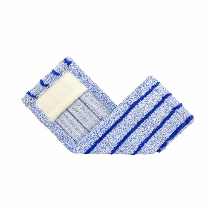 L'Arcora RUNNER BLUE - FC OHNE DECKBLATT di Arcora International GmbH è un pad mop in microfibra a strisce blu e bianche su sfondo bianco, con una superficie in velcro rettangolare ideale per tutti i tipi di pavimenti resistenti.