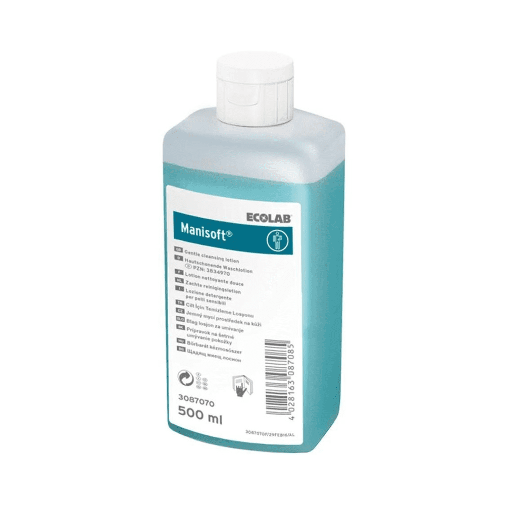 Una lozione detergente Ecolab Manisoft® da 500 ml (articolo fuori produzione) in un flacone di plastica con tappo flip-top bianco; azzurro, delicato sulla pelle, adatto per la disinfezione igienica delle mani. L'etichetta mostra il nome del prodotto, le istruzioni per l'uso e il codice a barre.