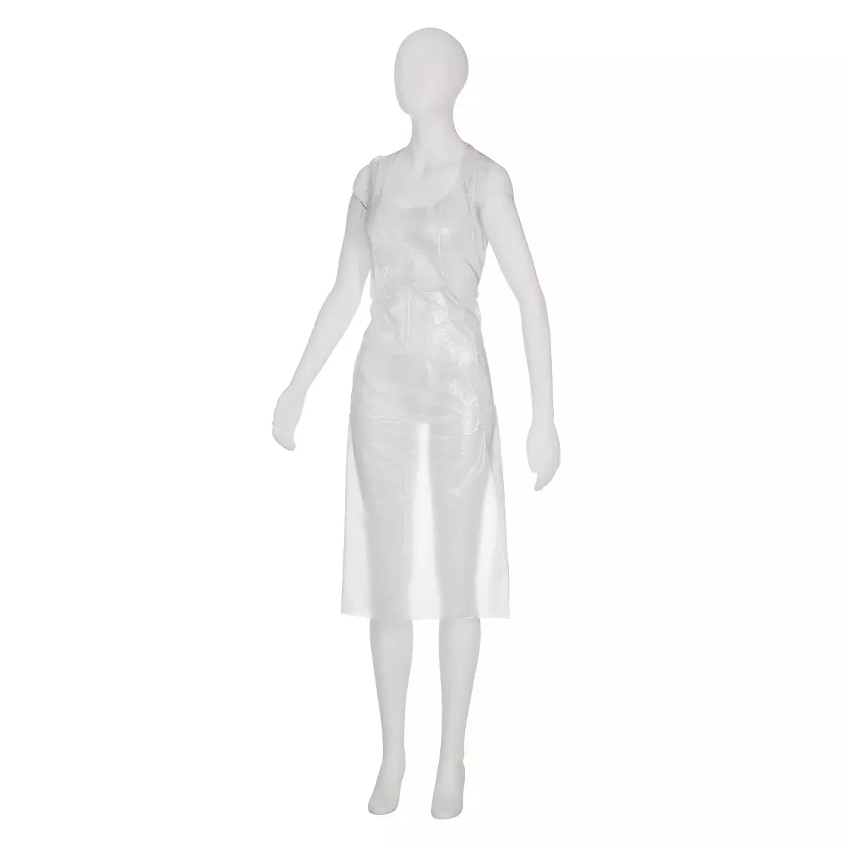 Un manichino bianco presenta i grembiuli monouso AMPri light, bianchi, 75 x 125 cm (confezione da 100 pezzi), un grembiule monouso trasparente e senza maniche, ideale per l'igiene e la lavorazione degli alimenti, su uno sfondo bianco semplice.