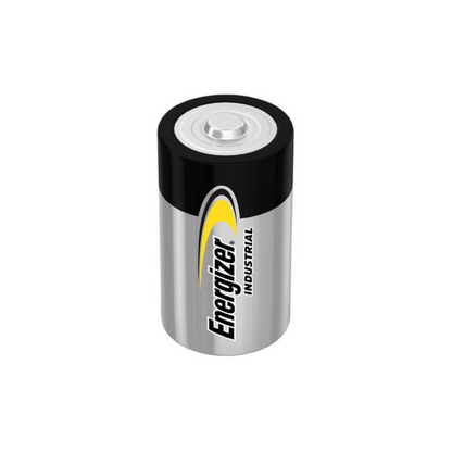 Una batteria cilindrica con involucro metallico e parte superiore nera. Sull'involucro è stampato il marchio "Energizer Industrial" in caratteri neri e gialli. Questa batteria alcalina Energizer, C/Baby, 1,5 V | Confezione (12 pezzi) di Energizer Deutschland GmbH ha un terminale di connessione standard sulla parte superiore. Il design è semplice e pratico.