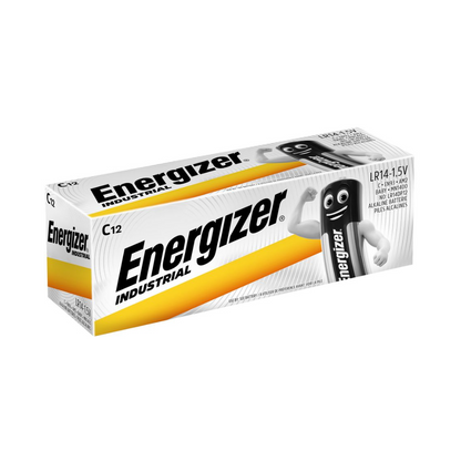 Una scatola di batterie alcaline Energizer, C/Baby, 1,5 V | Confezione (12 pezzi) di Energizer Deutschland GmbH. La confezione in bianco, giallo e grigio mostra chiaramente il logo Energizer e un'immagine di una figura di batteria. La scatola contiene 12 batterie alcaline Energizer C/Baby 1,5 V e garantisce energia duratura per i tuoi dispositivi.