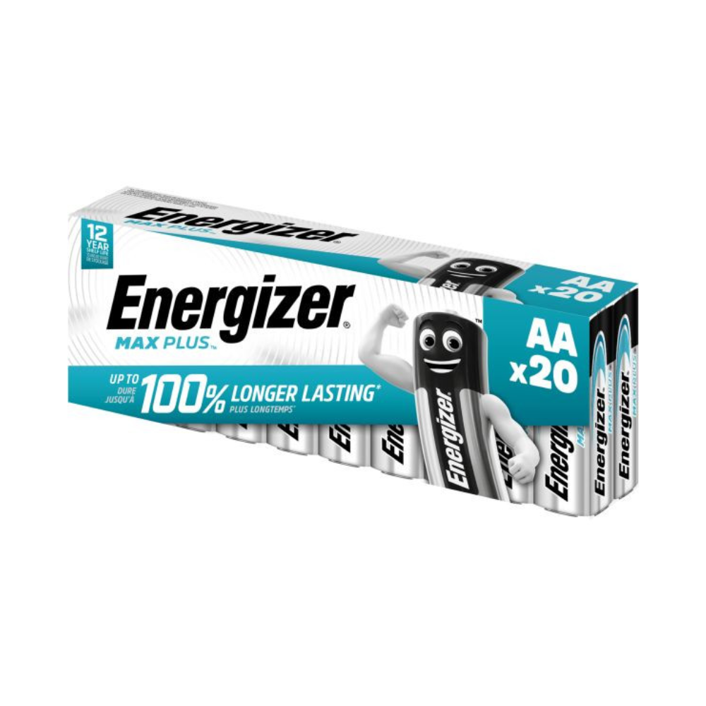 Nell'immagine è raffigurata una confezione da 20 batterie Energizer Max Plus Mignon AA di Energizer Deutschland GmbH. La confezione pubblicizza una "durata del 100% più lunga" e una conservazione di 12 anni. Il nome del marchio "Energizer Max Plus" è mostrato in modo prominente, insieme all'immagine di una figura di batteria con braccia, che sottolinea la lunga durata e l'affidabilità della batteria.