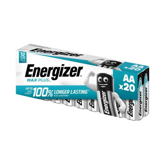 Nella foto è raffigurata una confezione da 20 batterie Energizer Max Plus Mignon AA prodotta da Energizer Deutschland GmbH. La confezione pubblicizza una «durata maggiore del 100%» e una durata di conservazione di 12 anni. Il marchio «Energizer Max Plus» è ben visibile, insieme all’immagine di una batteria con le braccia, che sottolinea la lunga durata e l’affidabilità del prodotto.