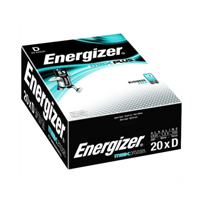 Nell'immagine è raffigurata una scatola bianco-nero-blu-verde di Energizer Max Plus Mono D LR20 Alkaline 1,5V Batteria | Confezione (20 pezzi). La scatola contiene 20 batterie Mono D LR20 Alkaline. L'immagine mette in evidenza l'imballaggio con dettagli del prodotto e marchio, tra cui il logo della Energizer Deutschland GmbH e la scritta "20 x D" sul lato.