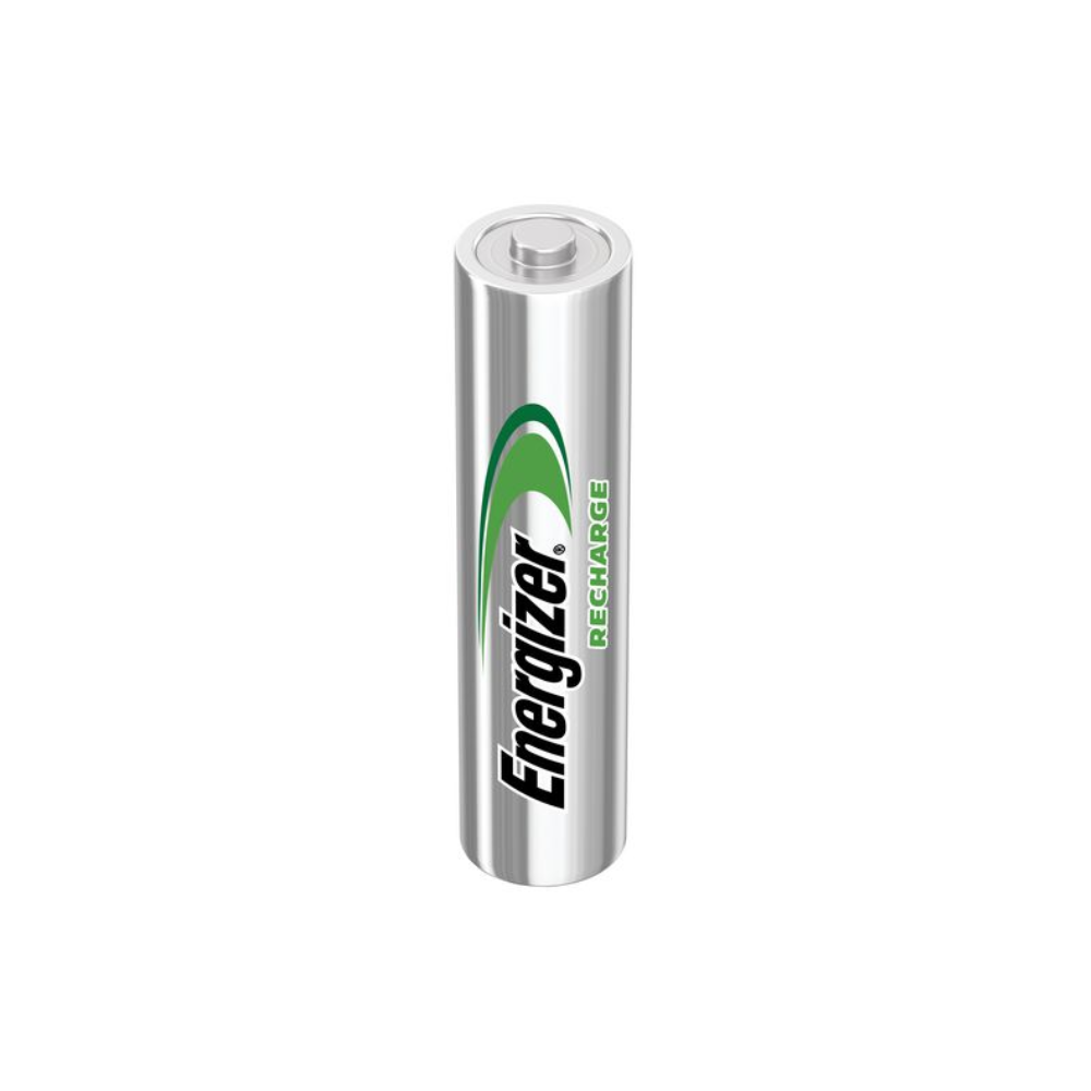 Una singola batteria ricaricabile Energizer Power Plus AAA Micro LR03 700 mAh color argento | Confezione (10 pezzi) della Energizer Deutschland GmbH è in piedi su uno sfondo bianco semplice. Il nome del marchio "Energizer Deutschland GmbH" e la parola "Recharge" sono stampati in caratteri neri e verdi sulla batteria da 700 mAh.