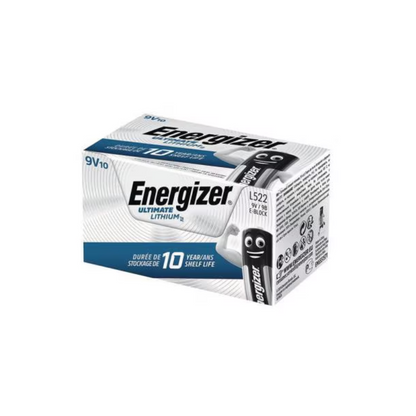 Una scatola bianco-grigia con Energizer Ultimate Lithium E-Block 9V L522 | Confezione (10 pezzi), una fonte di energia duratura. La confezione indica che ci sono dieci batterie con una durata di 10 anni. Sul lato sinistro è visibile il logo di Energizer Deutschland GmbH, mentre sul lato destro sono visibili le informazioni sul prodotto e un'immagine della batteria.