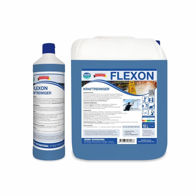 Nella foto ci sono due contenitori di Arcora FLEXON KRAFTREINIGER della Arcora International GmbH: una bottiglia alta e un grande tanica da 10 litri, entrambi con etichette blu e bianche su cui sono riportati i dati del potente detergente.