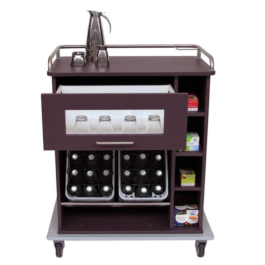 Der Novocal Fahrbarer Servierschrank verfügt über einen robusten Vollkunststoffrahmen, Schubladen für Gläser, Stauraum für Getränkeflaschen und seitliche Ablagen für Tee- oder Kaffeebehälter - ideal für den hygienischen Transport.