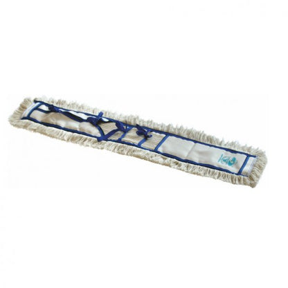Un MOP UMIDO Arcora rettangolare bianco di Arcora International GmbH in microfibra con frange beige, rifinitura in tessuto blu e tasche è raffigurato piatto su sfondo bianco.