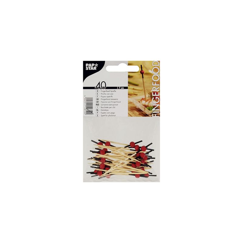 Una confezione di stuzzicadenti PAPSTAR per finger food della PAPSTAR GmbH contiene 40 spiedini di bambù con manici rossi. La confezione trasparente offre una vista sugli spiedini sostenibili e contiene un'etichetta che mostra, oltre ai dettagli del prodotto, anche un'immagine degli spiedini in uso.