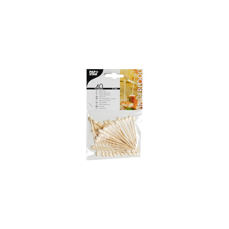 Un set con 40 spiedini PAPSTAR per finger food, ciascuno di 7 cm e con diversi motivi, è presentato amorevolmente dalla PAPSTAR GmbH in un sacchetto di plastica trasparente con etichetta in cartone. Gli spiedini sono artisticamente disposti a ventaglio, l'etichetta è decorata con testo e motivi di finger food.