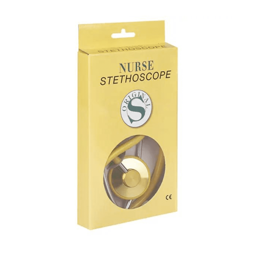 Una scatola gialla con la scritta „Fonendoscopio a testa piatta modello Schwester“ e una finestra rotonda trasparente mostra il fonendoscopio all'interno. La confezione con „Originale“ e un logo con la lettera „S“ sulla parte anteriore mette in evidenza il design privo di lattice e nichel per utenti sensibili. Questo prodotto è della Servoprax GmbH.