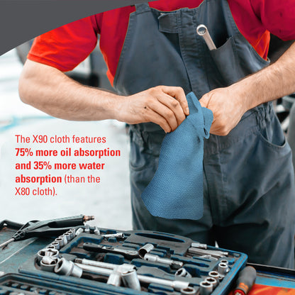 Eine Person in grauem Overall und rotem Hemd benutzt eine blaue WypAll® X90 PowerClean Großrolle (Kimberly-Clark GmbH) in der Nähe von Mechanikerwerkzeugen, um die überlegene Öl- und Wasseraufnahmefähigkeit gegenüber dem X80-Tuch hervorzuheben. 1 Rolle, 450 Blatt pro Karton.