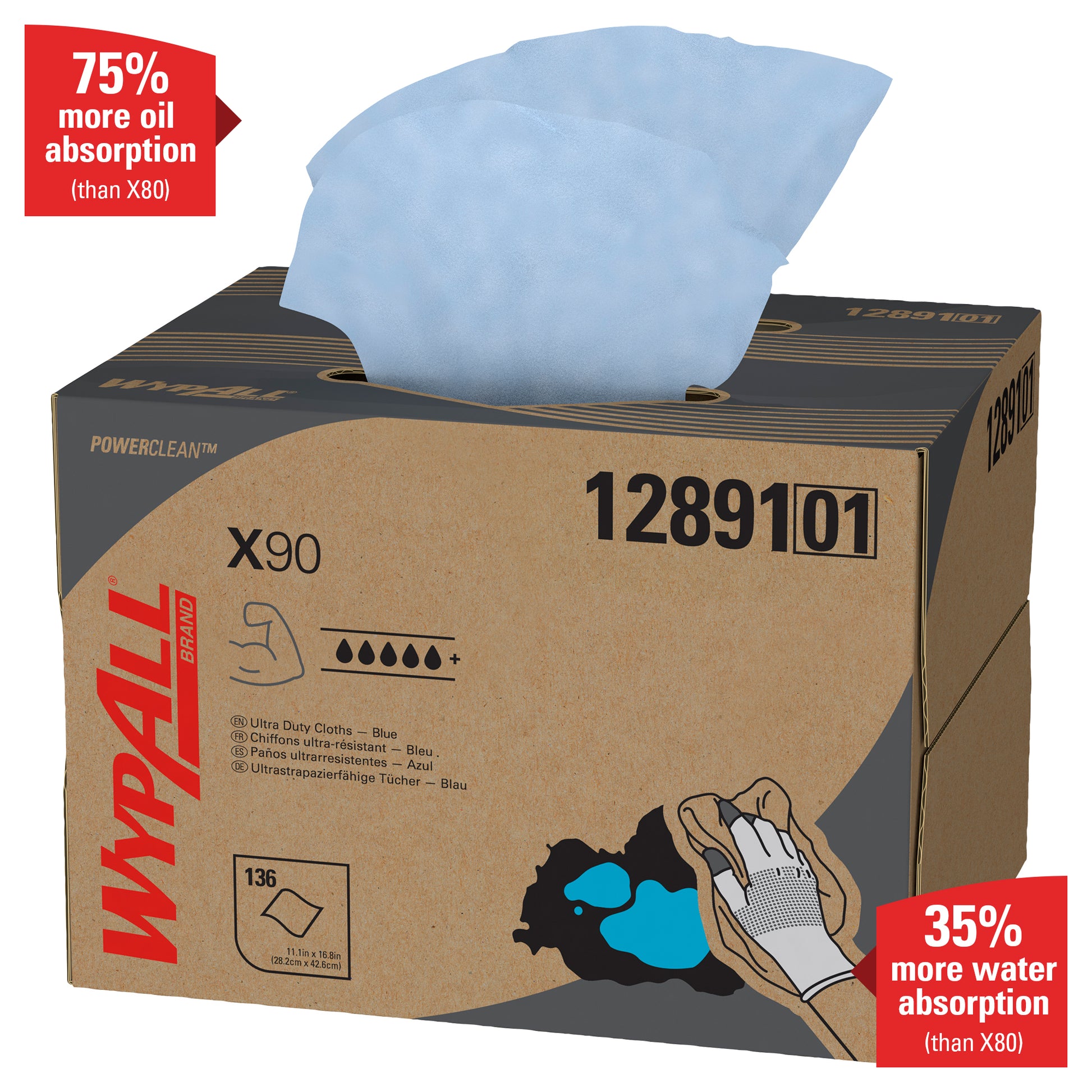 Das WypAll® X90 PowerClean - BRAG™ Box/Blau (1 Box x 136 Blatt) von Kimberly-Clark GmbH absorbiert 75 % mehr Öl und 35 % mehr Wasser als X80 - Ihre Top-Lösung für starke Verschmutzungen.