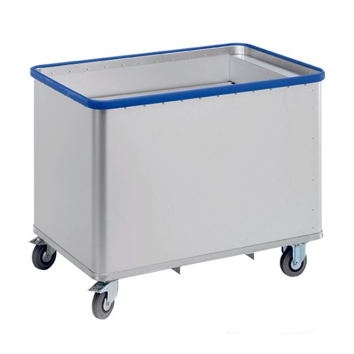 Un carrello Novocal con fondo a molle in alluminio anodizzato con protezione antiurto blu tutt'intorno e quattro ruote girevoli si trova su uno sfondo bianco - ideale per il trasporto di carichi.