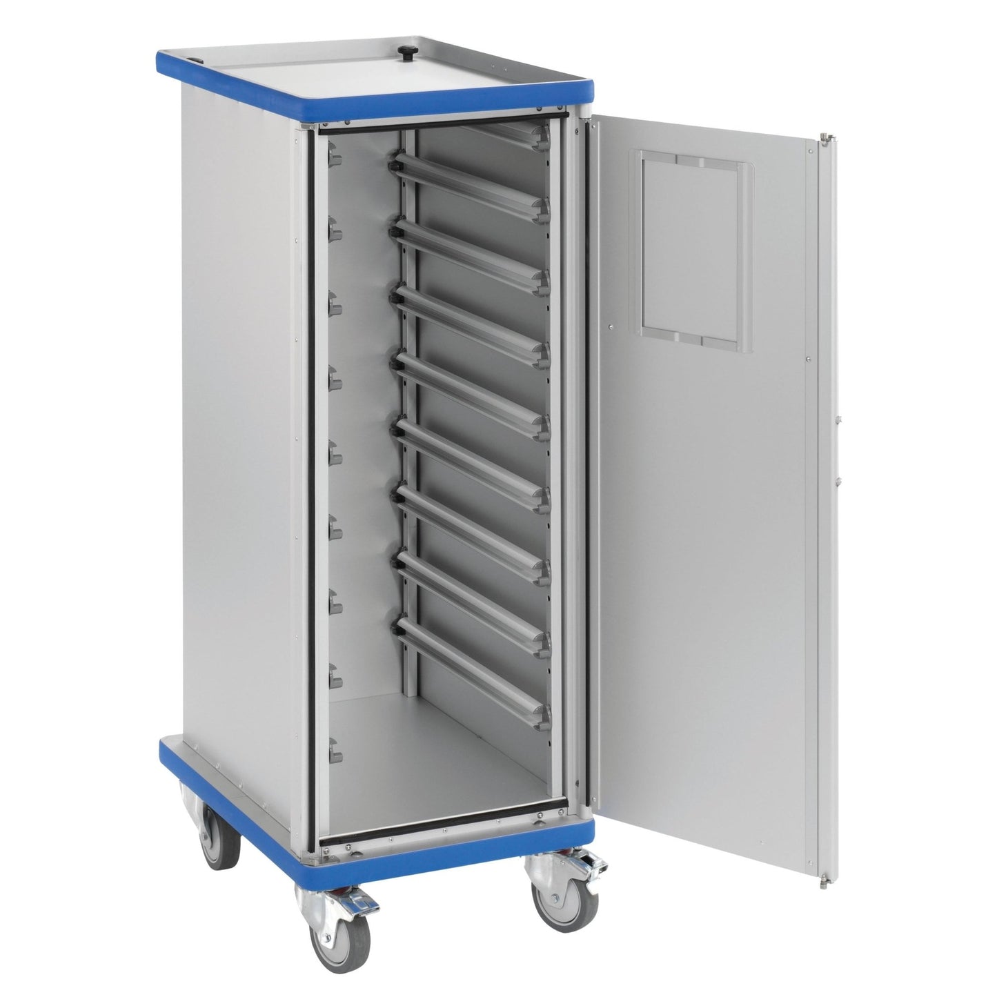 Il carrello modulare chiuso Novocal dispone di due porte con serrature a catenaccio, una costruzione robusta in alluminio anodizzato ed è ideale per lo stoccaggio o il trasporto sicuro ed efficiente.