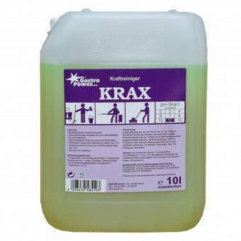 Un contenitore trasparente da 10 litri con l'etichetta "GastroPower Krax" della Abena Re-Seller GmbH, con un'etichetta viola con istruzioni e simboli di sicurezza. Il liquido giallo-verde è ideale come sgrassatore e detergente per cucine professionali.
