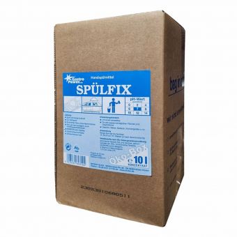 Una scatola marrone con l'etichetta "GastroPower Spülfix Öko-Box, 10 l" della Abena Re-Seller GmbH con istruzioni blu e bianche, simboli di pericolo e un marchio da 10 litri; questo detersivo biodegradabile è ecologico.