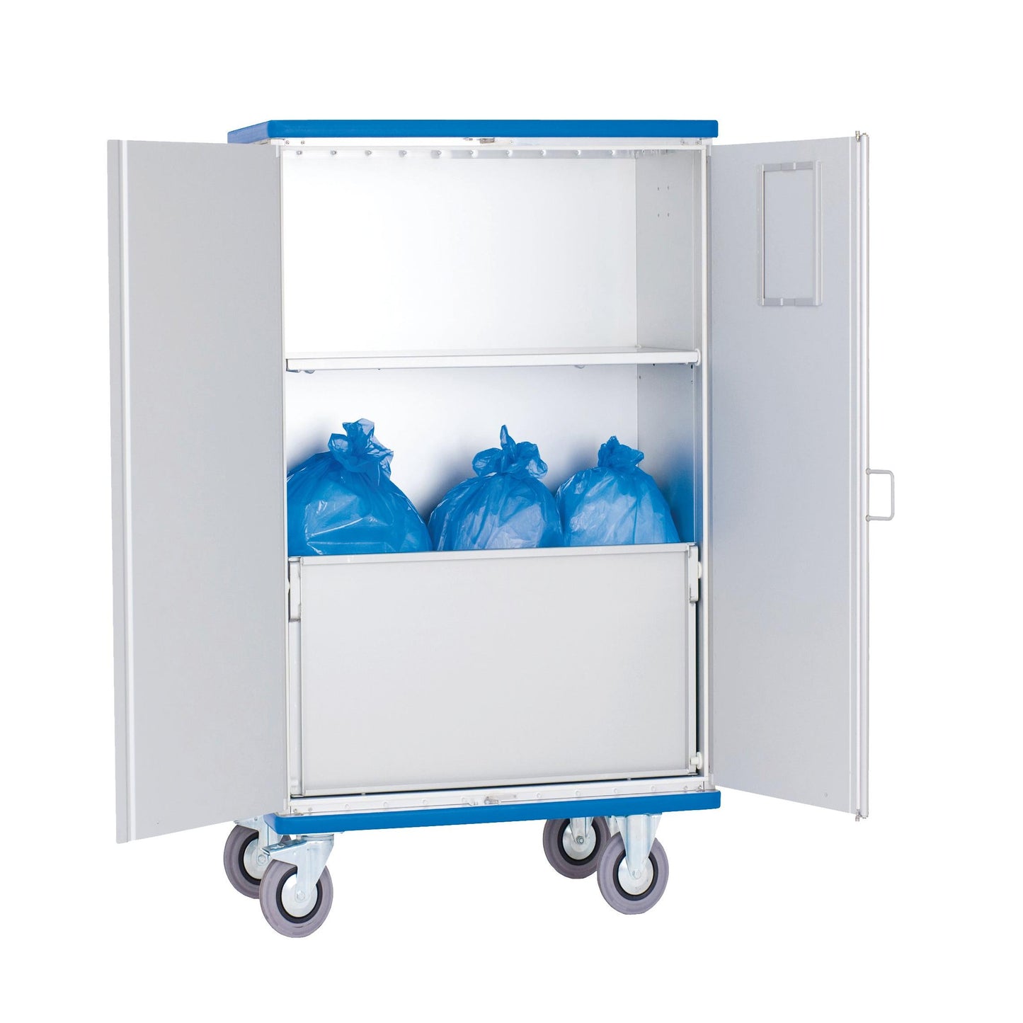 Il carrello armadio Novocal in alluminio anodizzato con ante a battente girevoli a 270° e ripiano centrale offre un'organizzazione per lo stoccaggio e il trasporto. Quattro ruote grigie e un coperchio blu completano il pratico carrello armadio professionale.