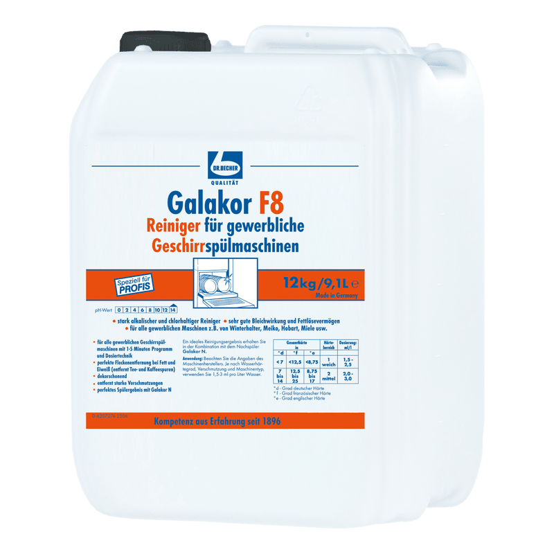 Un contenitore di plastica bianco da 12 kg con Dr. Becher Galakor F8 detergente per lavastoviglie industriali della Dr. Becher GmbH con tappo a vite blu, etichetta del prodotto in tedesco e tabella di dosaggio sul davanti.