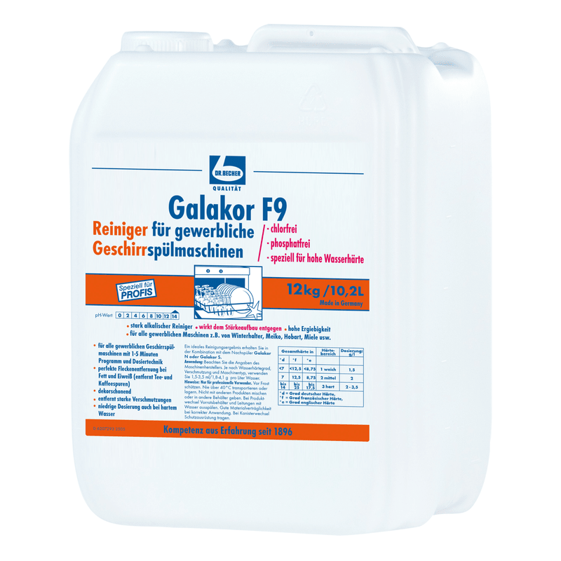 Un contenitore di plastica bianco da 12 kg della Dr. Becher GmbH con l'etichetta "Dr. Becher Galakor F9 Detergente per stoviglie", sulla cui parte anteriore sono stampate informazioni sul prodotto e istruzioni in lingua tedesca per lavastoviglie industriali.