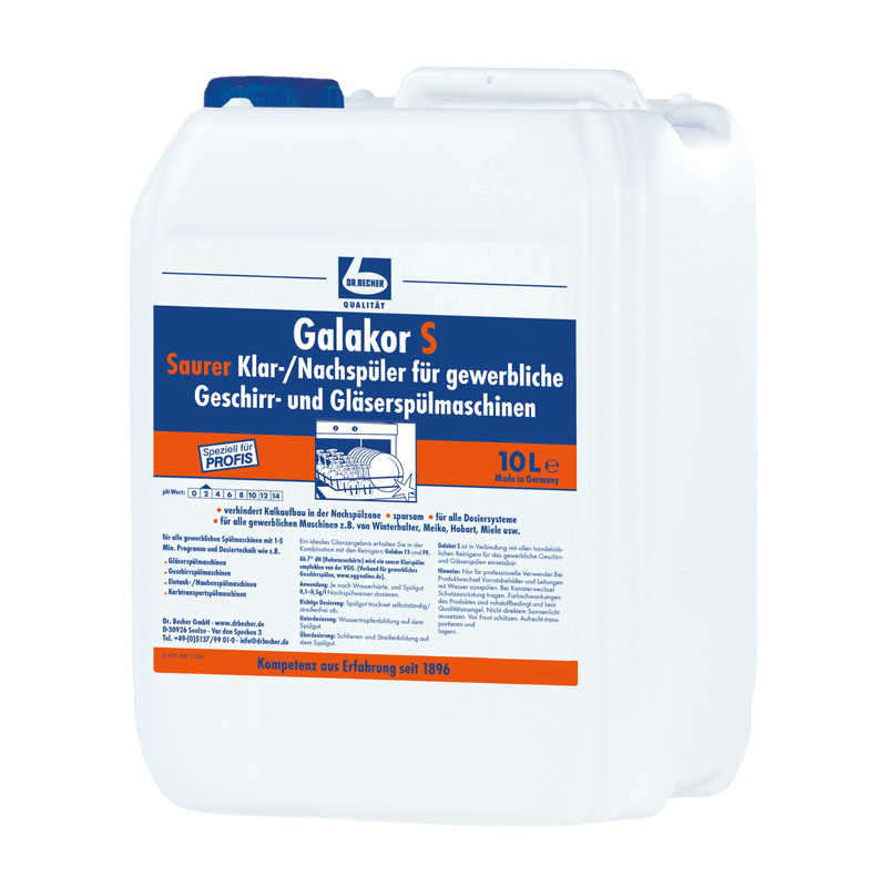 Tanica da 10 litri in plastica bianca con Dr. Becher Galakor S Klar-/Risciacquo per lavastoviglie e lavabicchieri commerciali della Dr. Becher GmbH, con grafica dell'etichetta blu e arancione e una maniglia sulla parte superiore.