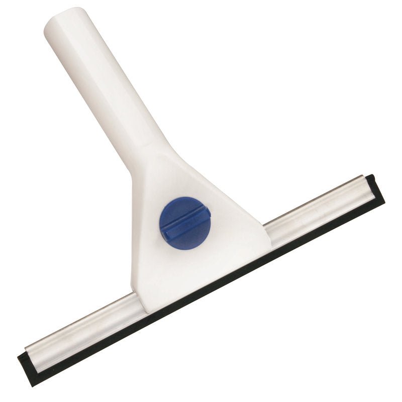 Il TERGIVETRO, BIANCO CON LAMA DI GOMMA SPECIALE di Haug Bürsten KG con corpo bianco, lama di gomma speciale nera e pulsante centrale blu - su sfondo bianco - è ideale per una pulizia senza striature.