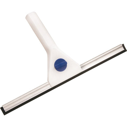 Il TERGIVETRO, BIANCO CON LAMA DI GOMMA SPECIALE della Haug Bürsten KG assicura una pulizia senza striature su finestre o superfici lisce grazie al manico bianco, alla lama di gomma speciale nera e al tappo rotondo blu.