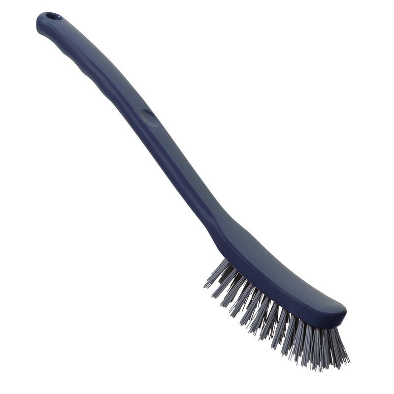 La METDEC PREM. UNIVERSALBÜRSTE PBT di Haug Bürsten KG è una spazzola per la pulizia grigio-blu (296x25x23mm) con manico lungo e angolato e setole rigide, raffigurata su sfondo bianco.
