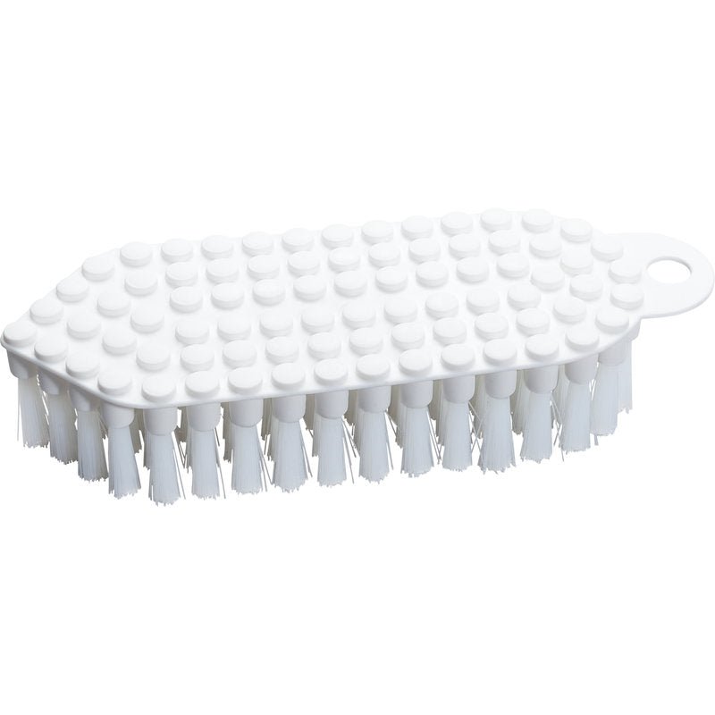 La Haug Bürsten KG FLEXO-BÜRSTE, PBT ø 0,35MM MEDIO (190x70x25 mm) è una spazzola per la pulizia bianca con setole rigide in PBT e un manico in plastica strutturata e punteggiata con un pratico foro per appenderla. Raffigurata su sfondo bianco.