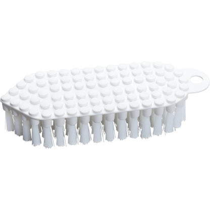 La Haug Bürsten KG FLEXO-BÜRSTE, PBT ø 0,35MM MEDIO (190x70x25 mm) è una spazzola per la pulizia bianca con setole rigide in PBT e un manico in plastica strutturata e punteggiata con un pratico foro per appenderla. Raffigurata su sfondo bianco.