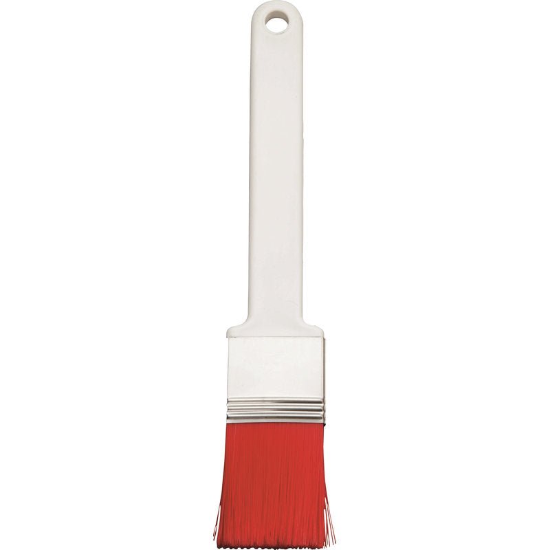 Il FLACHPINSEL, PBT ROSSO A PUNTA, ø 0,25MM di Haug Bürsten KG dispone di un manico in plastica bianco, una ghiera in metallo e setole in PBT rosse - perfetto per lavori di pittura fine - su uno sfondo bianco semplice.
