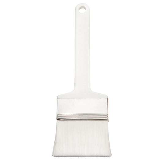 Die Haug Bürsten KG FLACHPINSEL,PBT WEIß GESPITZT ø 0,25MM WEICH (230x70x50mm) verfügt über weiche weiße PBT-Borsten, eine Metallzwinge und einen Kunststoffgriff mit Aufhängeloch, der aufrecht vor einem weißen Hintergrund abgebildet ist.