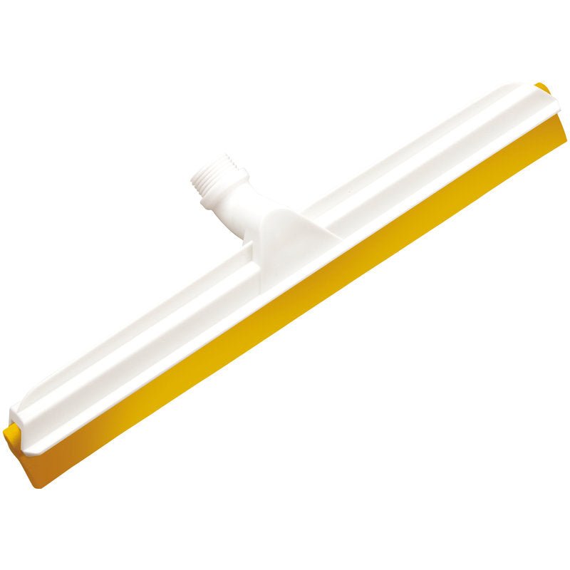 Il Haug Bürsten KG GELENK-WASSERSCHIEBER, 2-labbra Lebensmittelg., 560x43x22mm ha una testa bianco-gialla con manicotto filettato centrale per fissaggio del manico, è progettato per l'industria alimentare e si trova su uno sfondo bianco semplice.