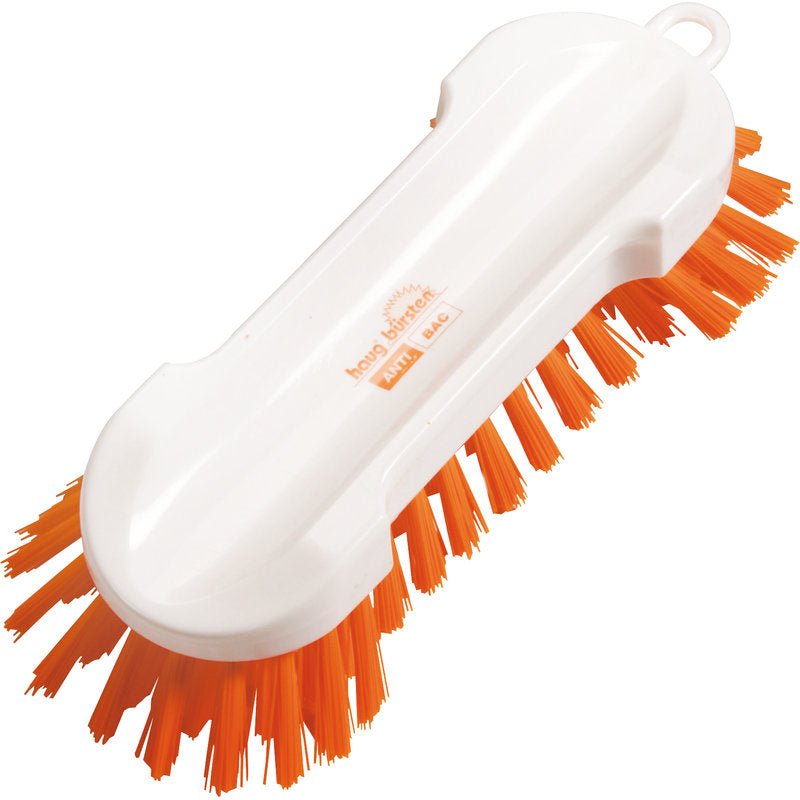 La Haug Bürsten KG ANTI BAC SPAZZOLA ROTONDA PBT ARANCIONE, ø 0,50MM DURA è una spazzola di plastica bianca per la pulizia con setole arancioni rigide su entrambi i lati, un manico ergonomico curvato e un foro per appenderla per una facile maneggevolezza.