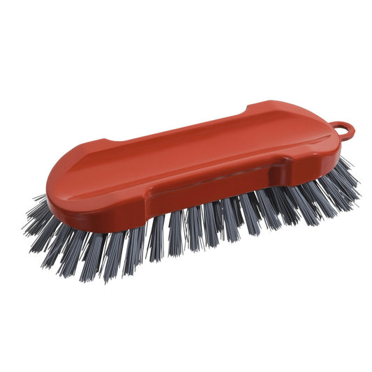 Die METAL DETECT WASCHBÜRSTE RUND von Haug Bürsten KG ist eine graue, metalldetektierbare PBT-Handschrubberbürste (ø0,60mm, 205x65x30mm) für die Lebensmittelindustrie mit flacher Oberfläche, abgerundeten Kanten und integriertem Griff.