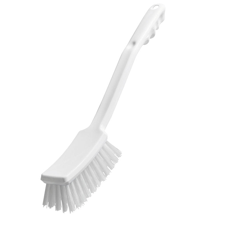 La STIELBÜRSTE, PBT HART 400X48X35MM di Haug Bürsten KG è una spazzola di pulizia in plastica bianca con setole rigide in PBT, un manico angolato con scanalature per le dita, un foro per appendere e setole disposte in modo rettangolare.