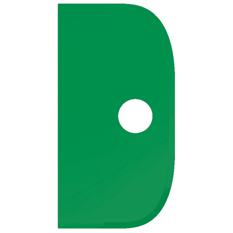 Ein grüner, flexibler SCHABER GROß (230x118mm, PP) von Haug Bürsten KG hat einen geraden linken Rand, eine abgerundete rechte Seite und ein zentrales kreisförmiges weißes Loch auf weißem Hintergrund.