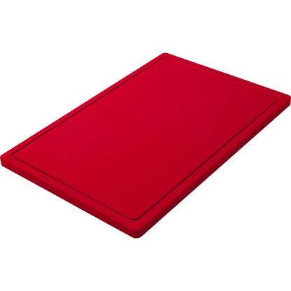 Il TAGLIERE GRANDE, PE, ANTISCIVOLO, 600X400X20MM di Haug Bürsten KG è un tagliere rettangolare rosso antiscivolo con angoli arrotondati e scanalatura continua su sfondo bianco.