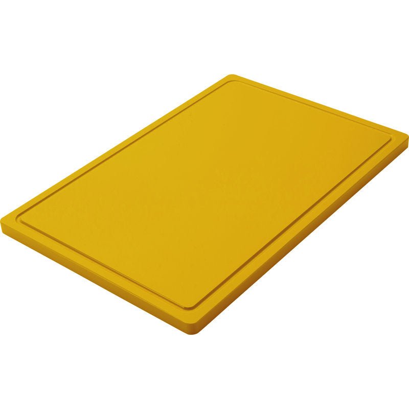 Un grande TAGLIERE GRANDE giallo, PE, antiscivolo (600x400x20mm) di Haug Bürsten KG con bordi rialzati e superficie antiscivolo, presentato su sfondo bianco.