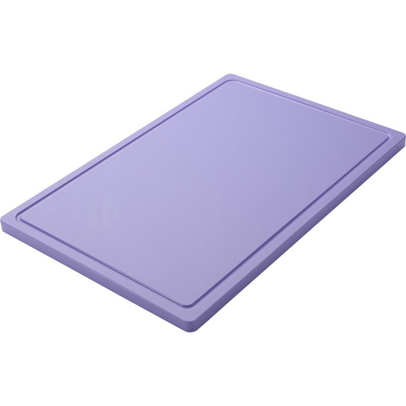 È raffigurato un TAGLIERE GRANDE rettangolare, viola (600x400x20mm) della Haug Bürsten KG in PE antiscivolo con bordo leggermente rialzato su sfondo bianco.