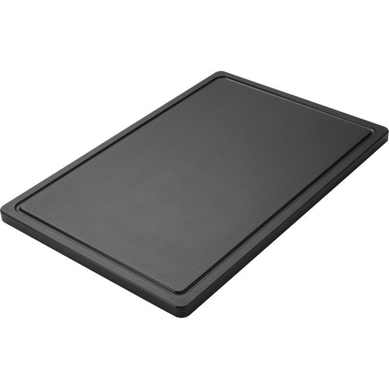 Il TAGLIERE GRANDE di Haug Bürsten KG in polietilene (600x400x20mm), antiscivolo e con scanalatura per il succo continua, è raffigurato in forma rettangolare su sfondo bianco.