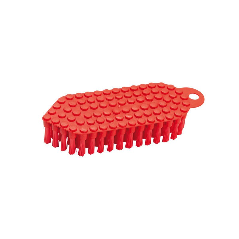 Una spazzola per la pulizia rosso Haug Bürsten KG FLEXO-BÜRSTE, PBT ø 0,35MM MEDIO (190x70x25 mm) con setole rigide e un manico con un motivo a punti in rilievo sulla parte superiore e un foro per appenderla.